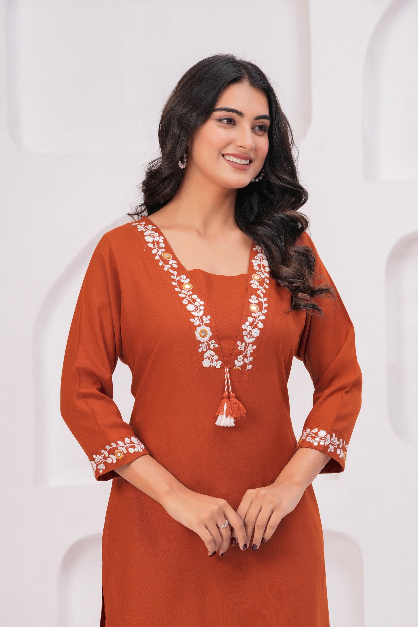 Women Rust Orange Embroidered Straight Kurta Set with Pants | V-Neck Ethnic Wear