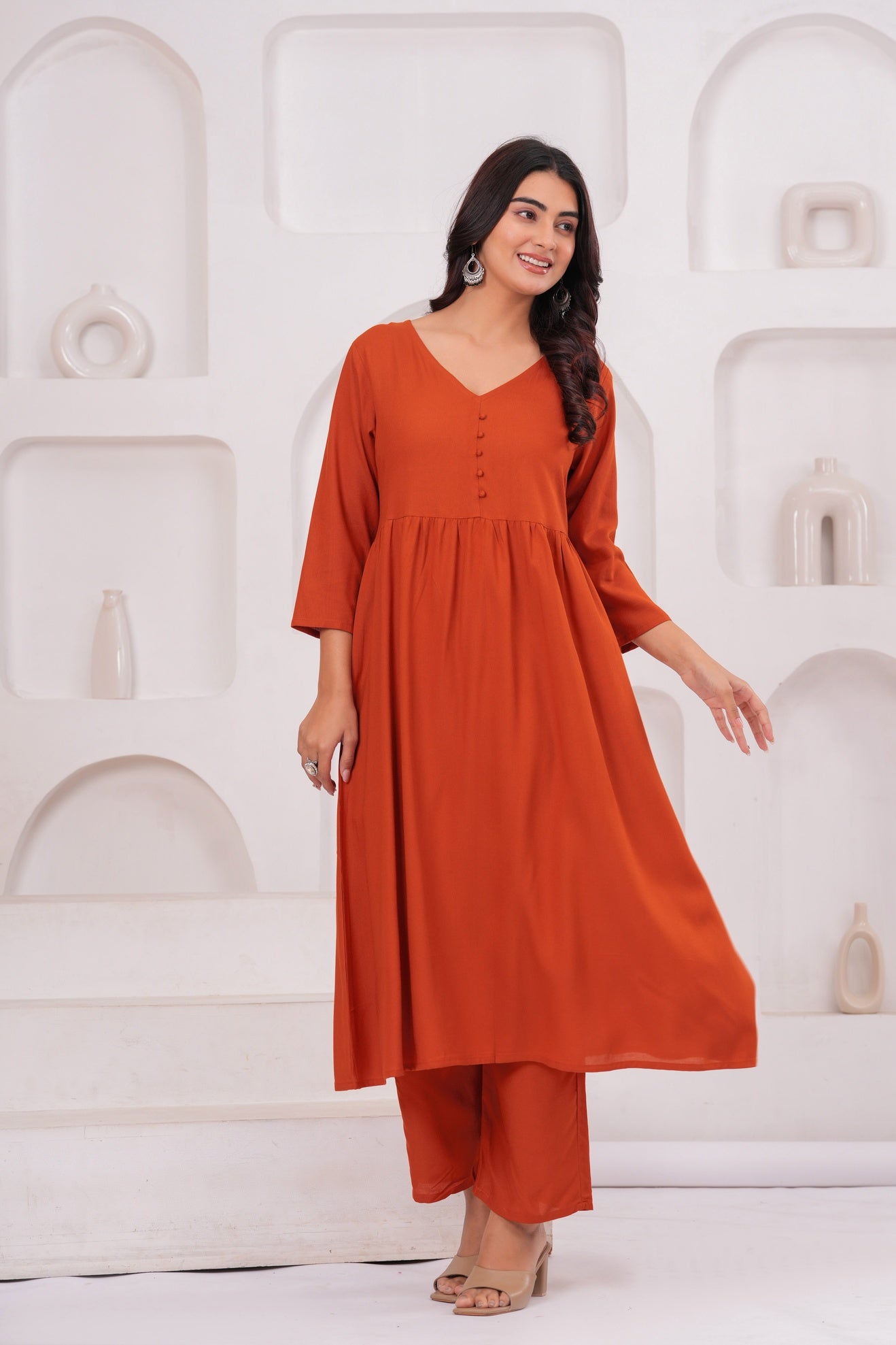Women Orange Rayon Kurta Pant Co-Ord Set | Stylish Casual Ethnic Cord Set for Women | Comfortable Daily Wear Outfit