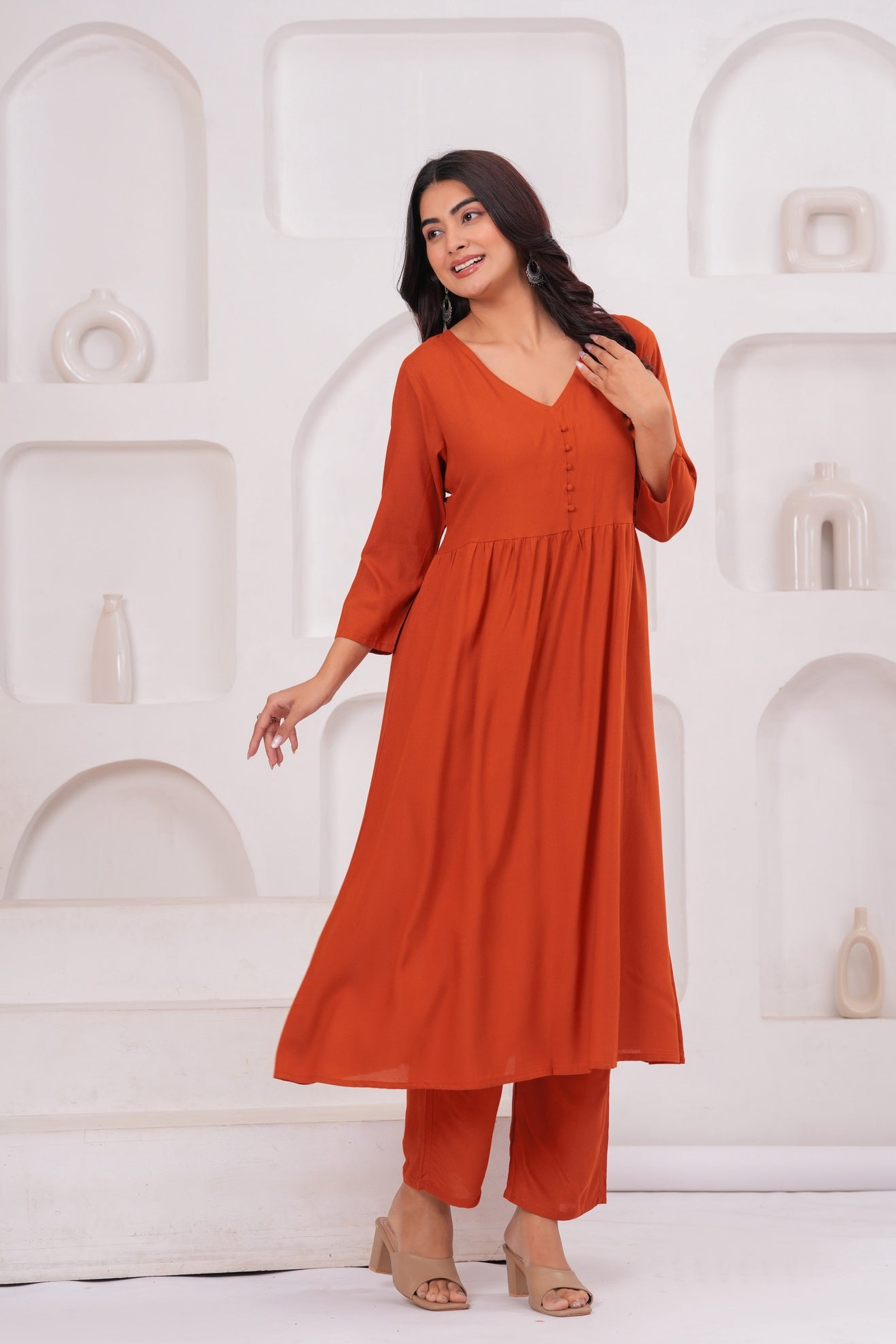 Women Orange Rayon Kurta Pant Co-Ord Set | Stylish Casual Ethnic Cord Set for Women | Comfortable Daily Wear Outfit