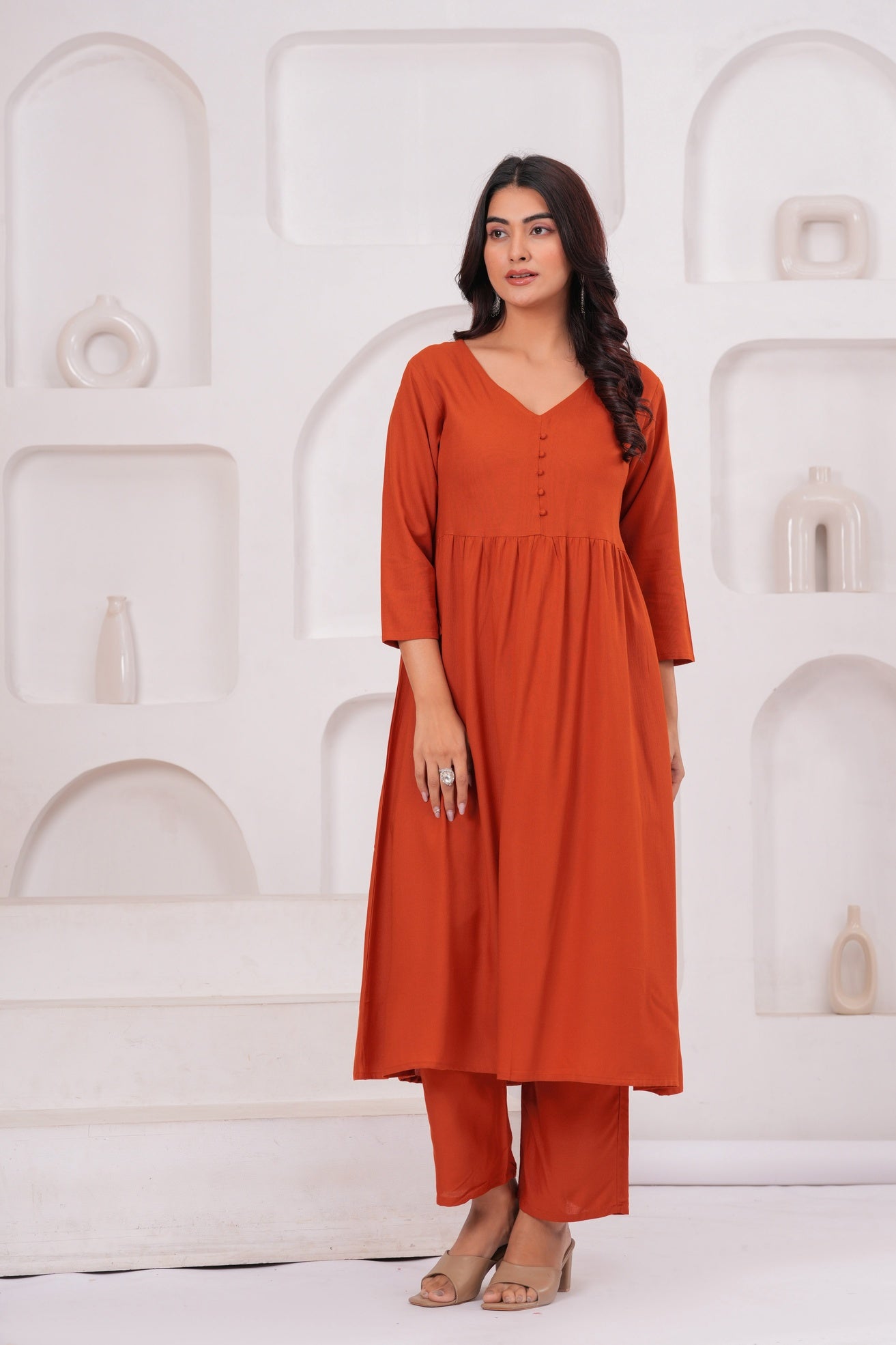 Women Orange Rayon Kurta Pant Co-Ord Set | Stylish Casual Ethnic Cord Set for Women | Comfortable Daily Wear Outfit