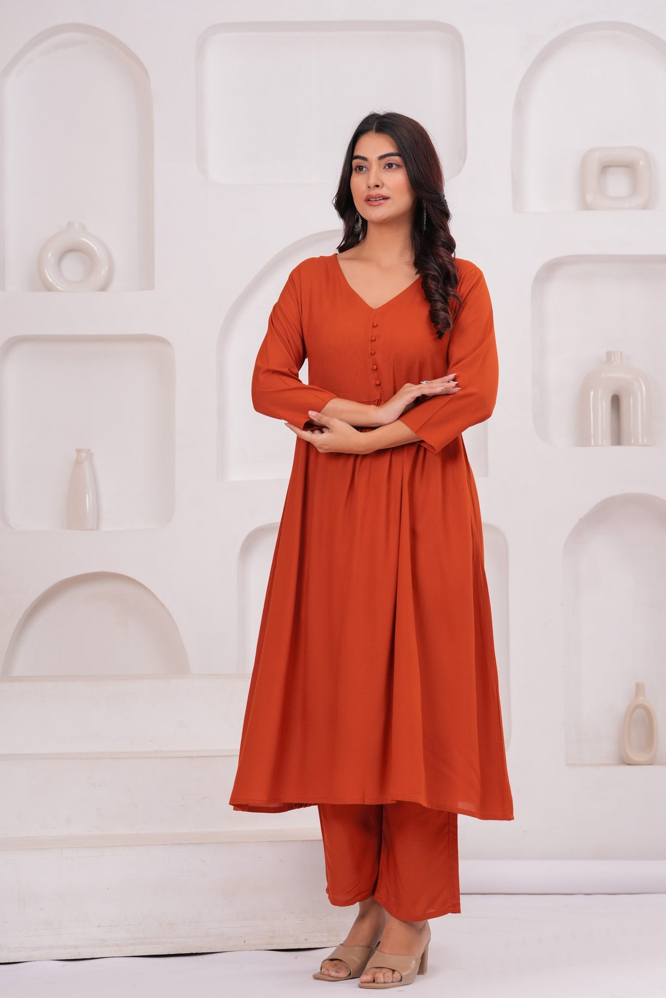 Women Orange Rayon Kurta Pant Co-Ord Set | Stylish Casual Ethnic Cord Set for Women | Comfortable Daily Wear Outfit