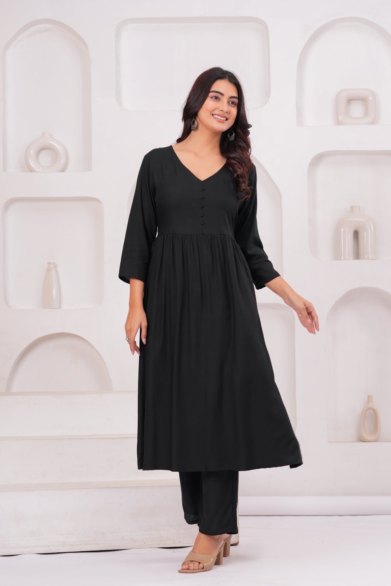 Women Black Rayon Kurta Pant Co-Ord Set | Stylish Casual Ethnic Cord Set for Women | Comfortable Daily Wear Outfit