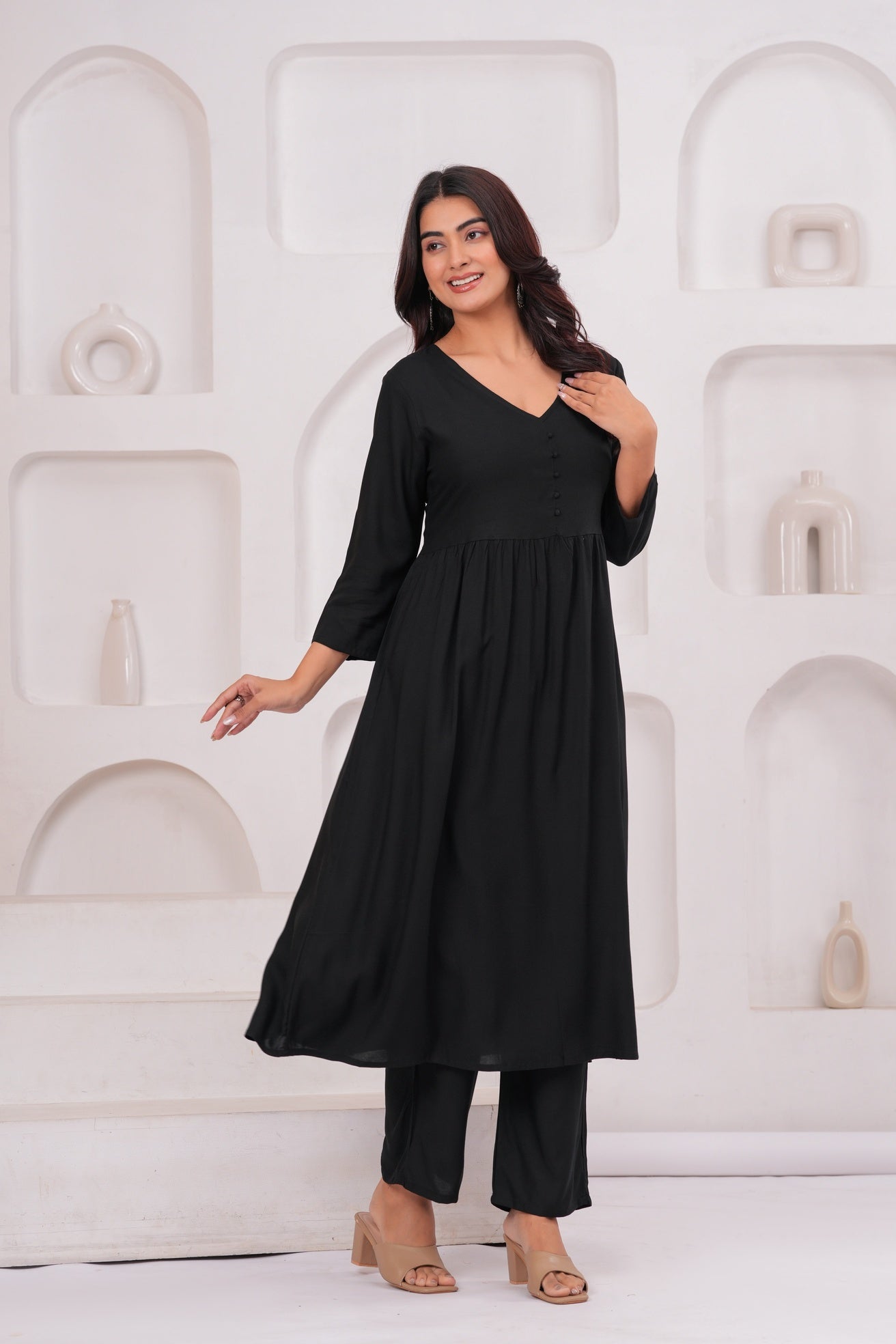 Women Black Rayon Kurta Pant Co-Ord Set | Stylish Casual Ethnic Cord Set for Women | Comfortable Daily Wear Outfit