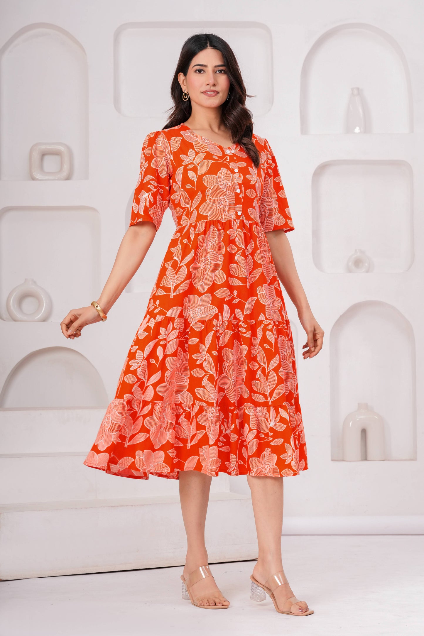 Veshviti Women Orange Floral Printed Midi Dress | Cotton Tiered A-Line Dress with Half Sleeves