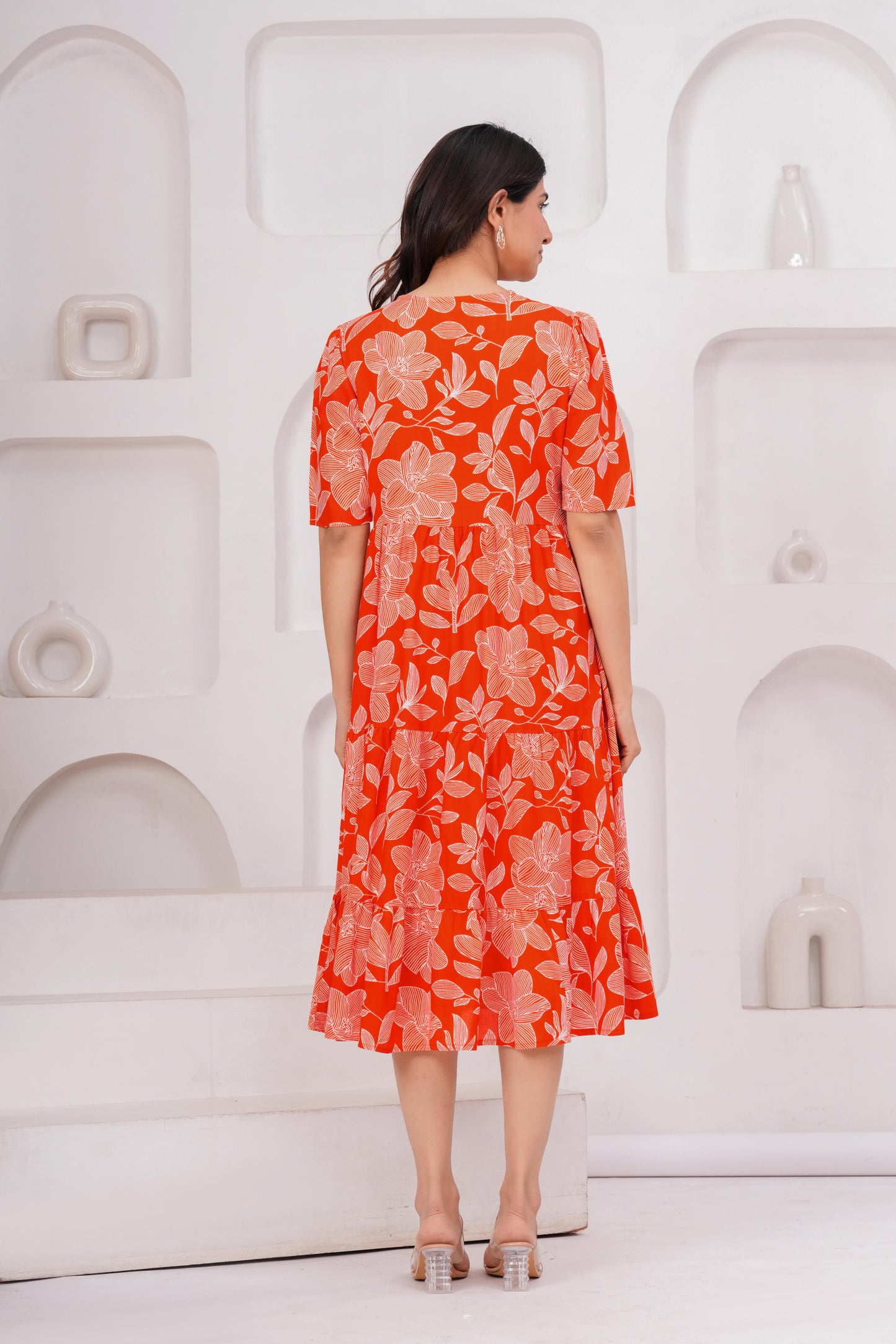 Veshviti Women Orange Floral Printed Midi Dress | Cotton Tiered A-Line Dress with Half Sleeves