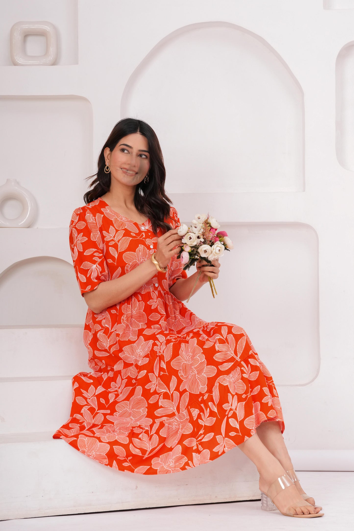 Veshviti Women Orange Floral Printed Midi Dress | Cotton Tiered A-Line Dress with Half Sleeves
