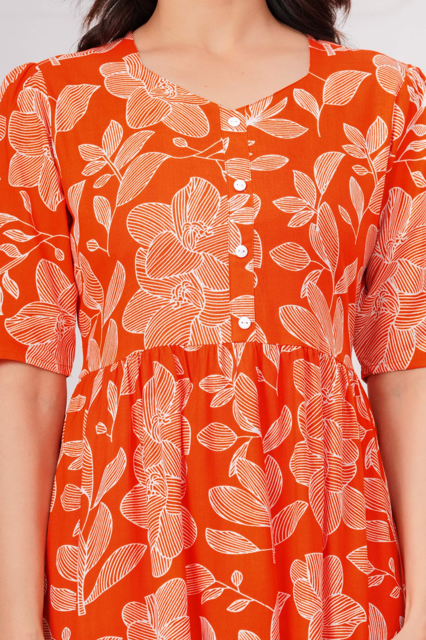 Veshviti Women Orange Floral Printed Midi Dress | Cotton Tiered A-Line Dress with Half Sleeves