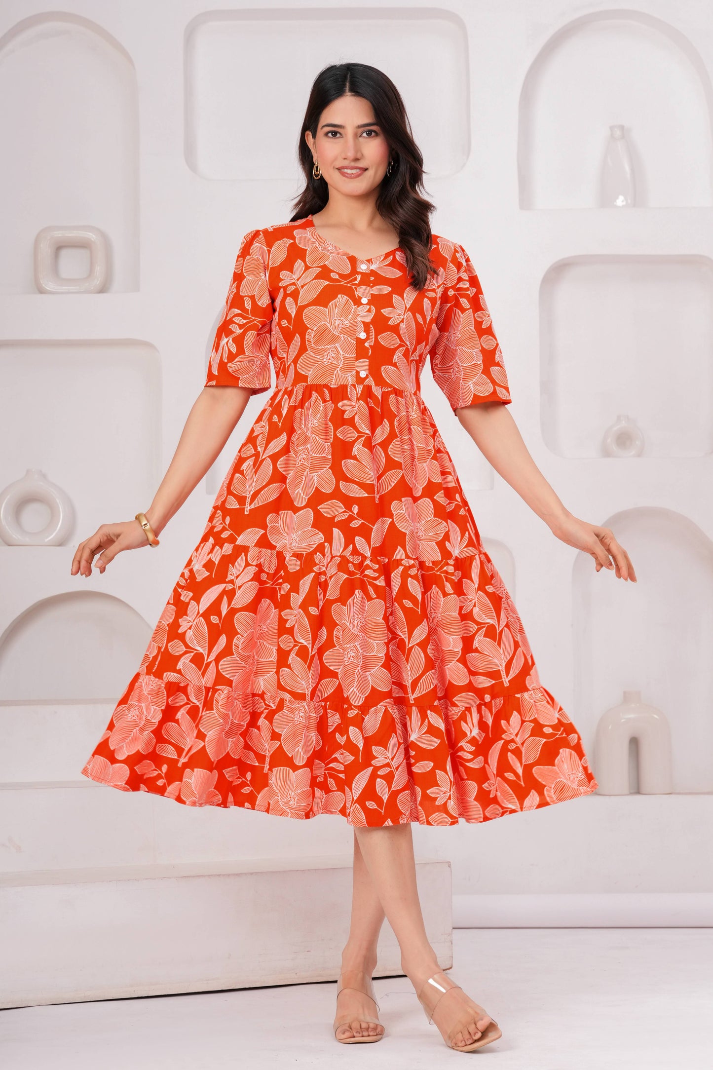 Veshviti Women Orange Floral Printed Midi Dress | Cotton Tiered A-Line Dress with Half Sleeves
