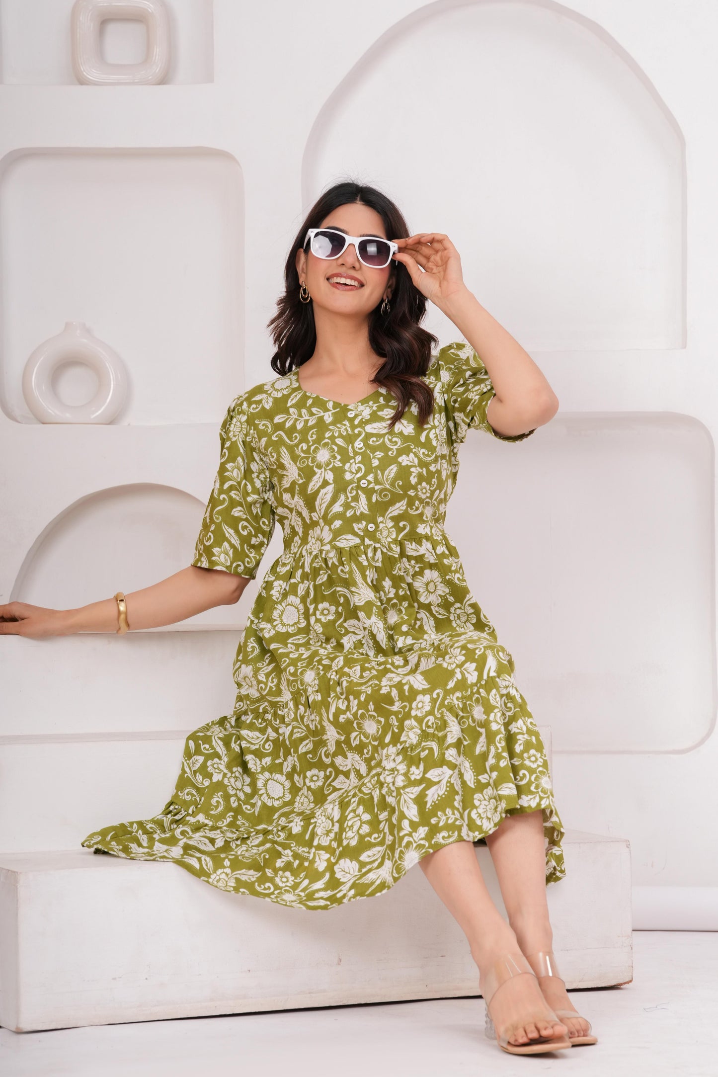 Veshviti Women Green Floral Printed Midi Dress | Cotton Tiered A-Line Dress with Half Sleeves