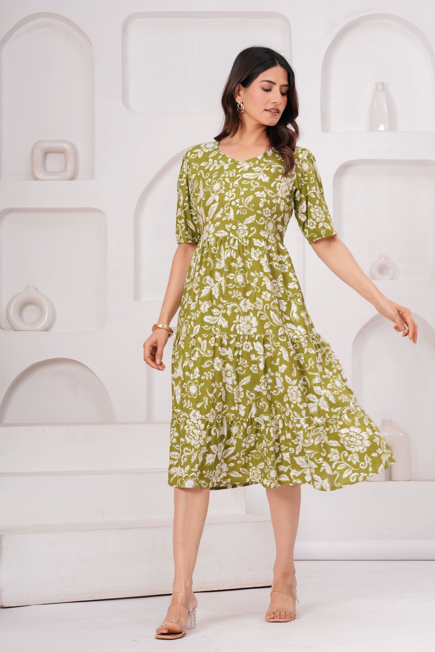 Veshviti Women Green Floral Printed Midi Dress | Cotton Tiered A-Line Dress with Half Sleeves