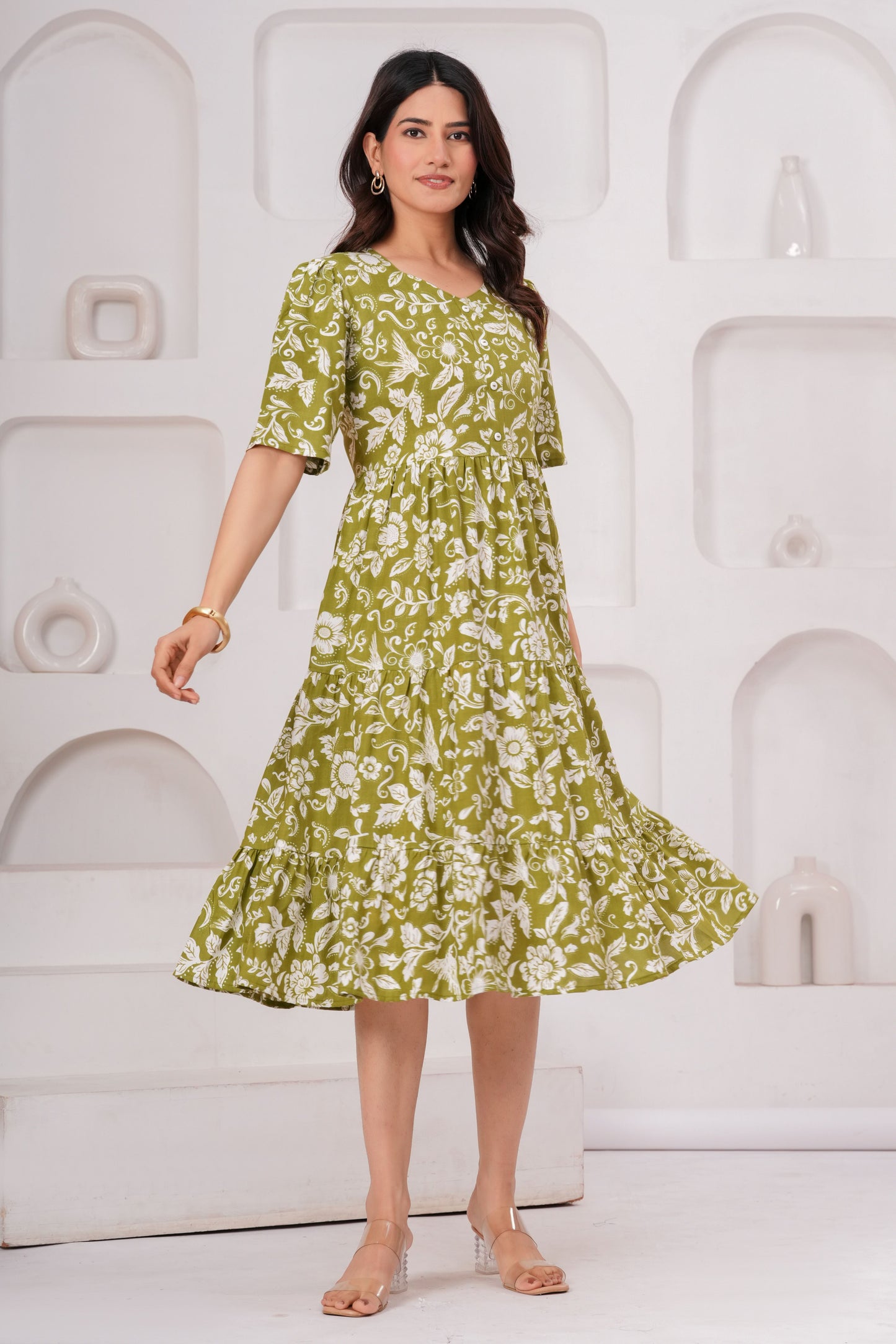 Veshviti Women Green Floral Printed Midi Dress | Cotton Tiered A-Line Dress with Half Sleeves