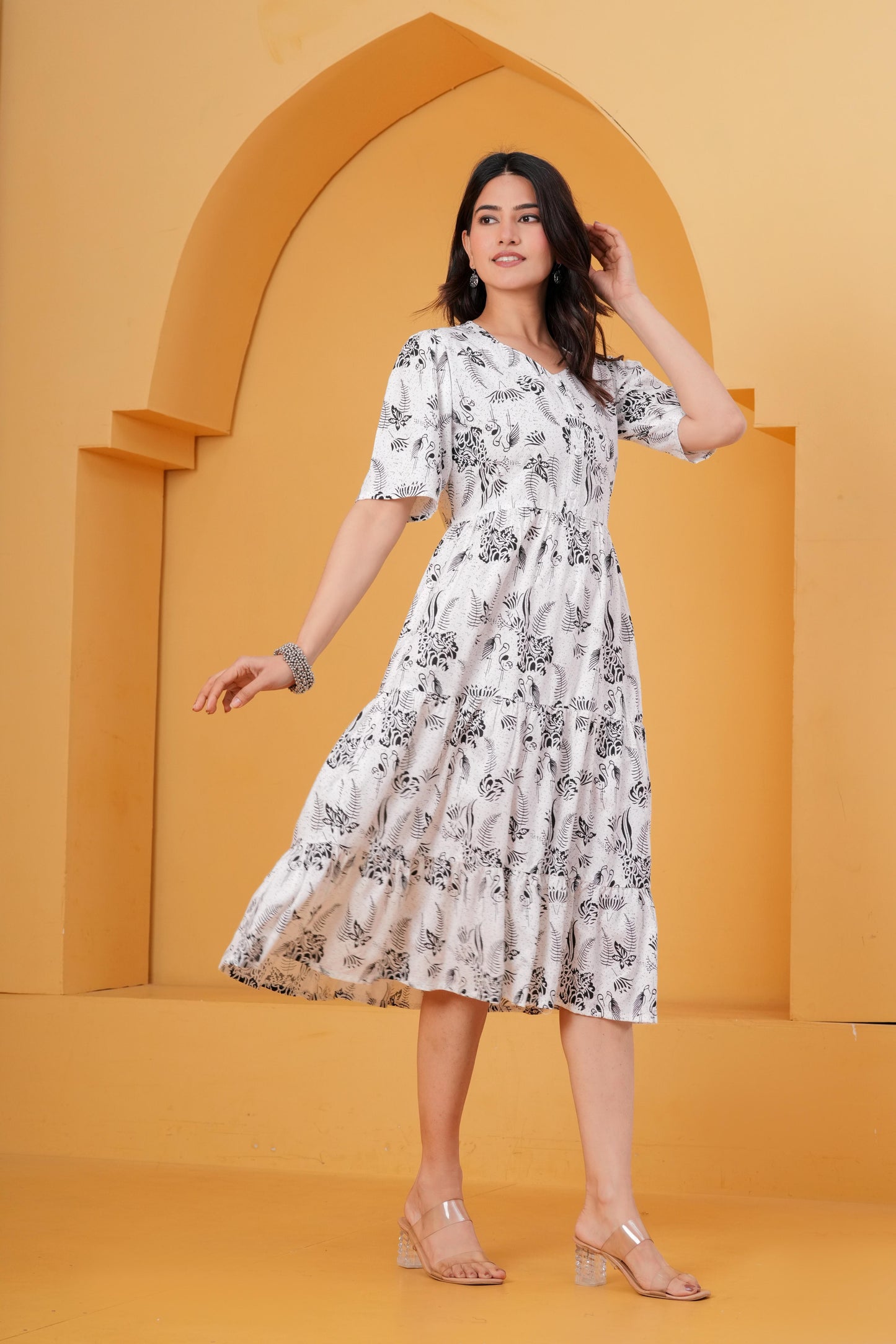 Veshviti Women Brown Floral Printed Midi Dress | Cotton Tiered A-Line Dress with Half Sleeves