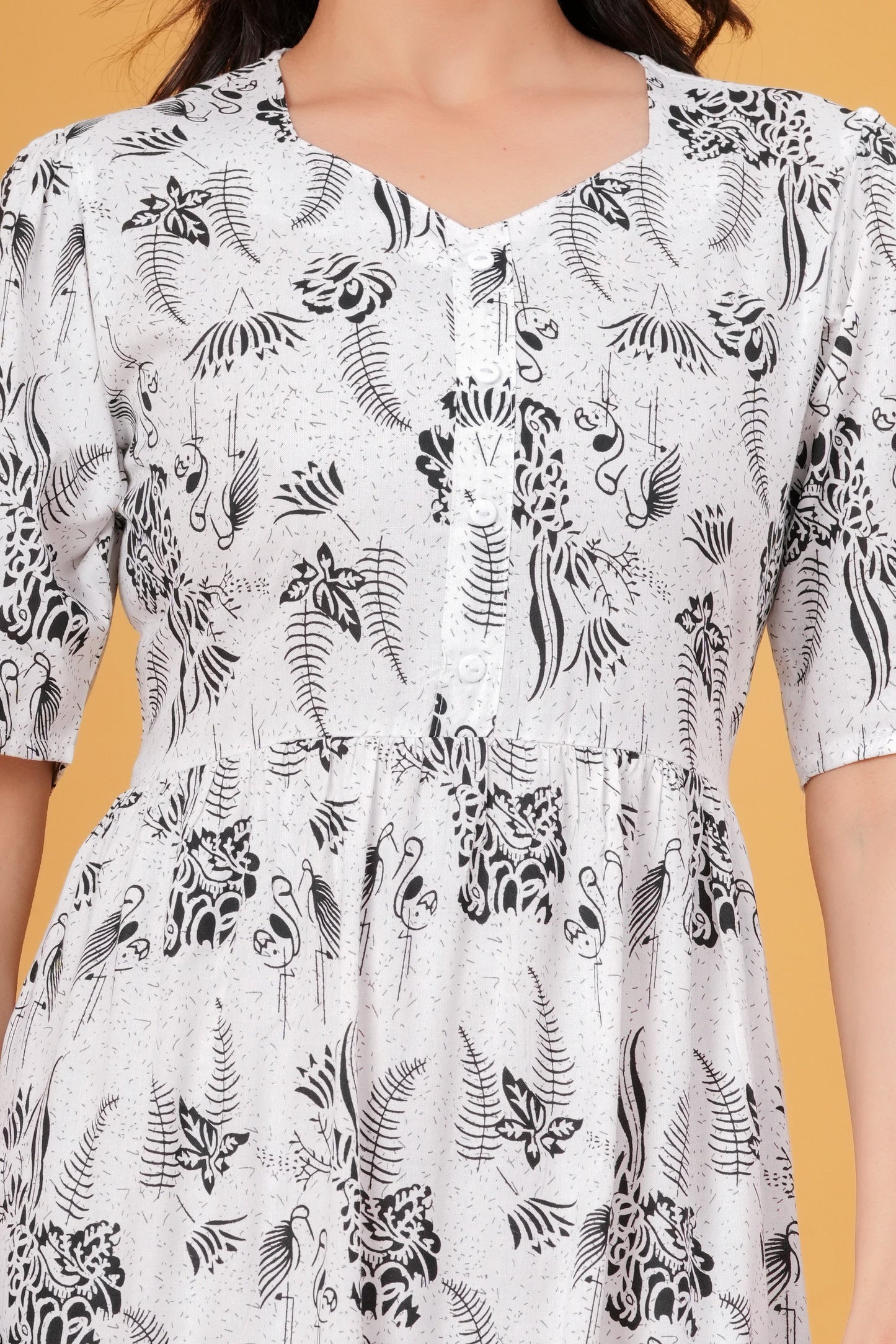 Veshviti Women Brown Floral Printed Midi Dress | Cotton Tiered A-Line Dress with Half Sleeves