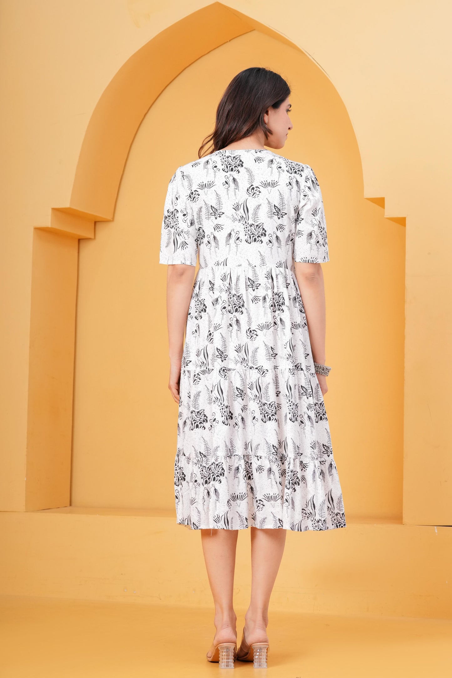 Veshviti Women Brown Floral Printed Midi Dress | Cotton Tiered A-Line Dress with Half Sleeves