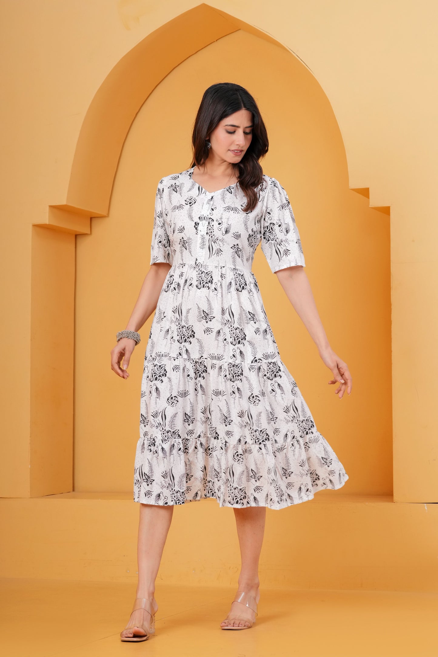 Veshviti Women Brown Floral Printed Midi Dress | Cotton Tiered A-Line Dress with Half Sleeves