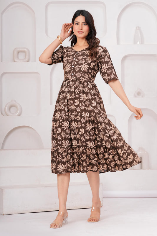 Veshviti Women White Floral Printed Midi Dress | Cotton Tiered A-Line Dress with Half Sleeves