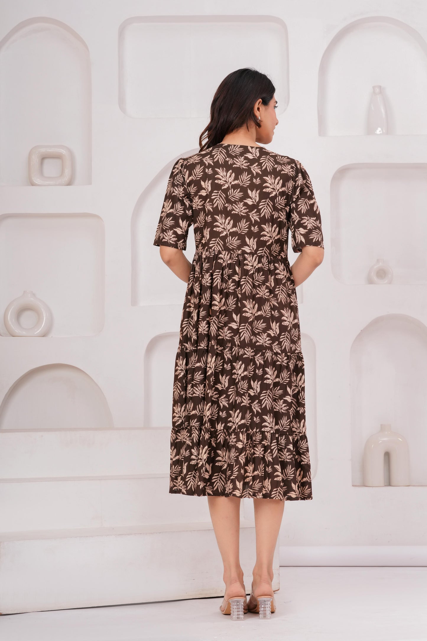 Veshviti Women White Floral Printed Midi Dress | Cotton Tiered A-Line Dress with Half Sleeves