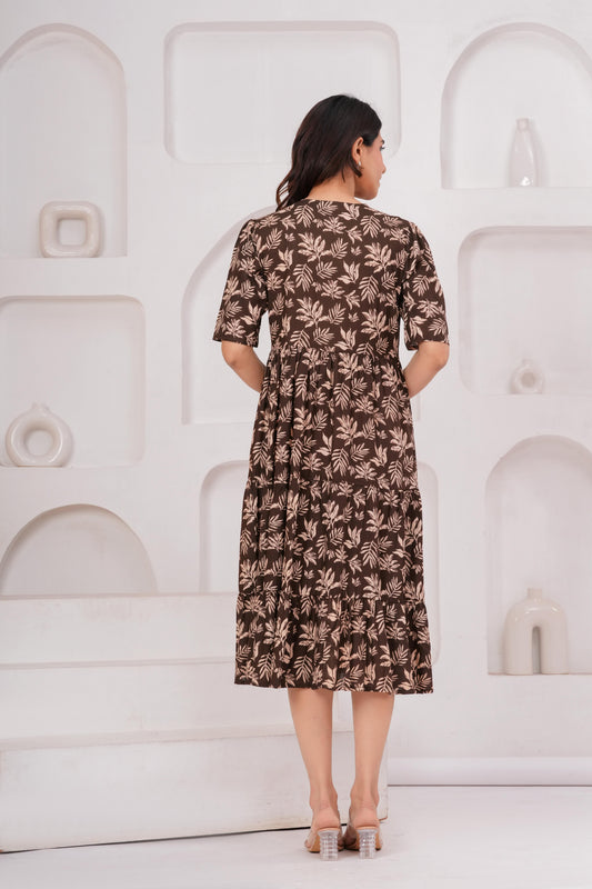 Veshviti Women White Floral Printed Midi Dress | Cotton Tiered A-Line Dress with Half Sleeves