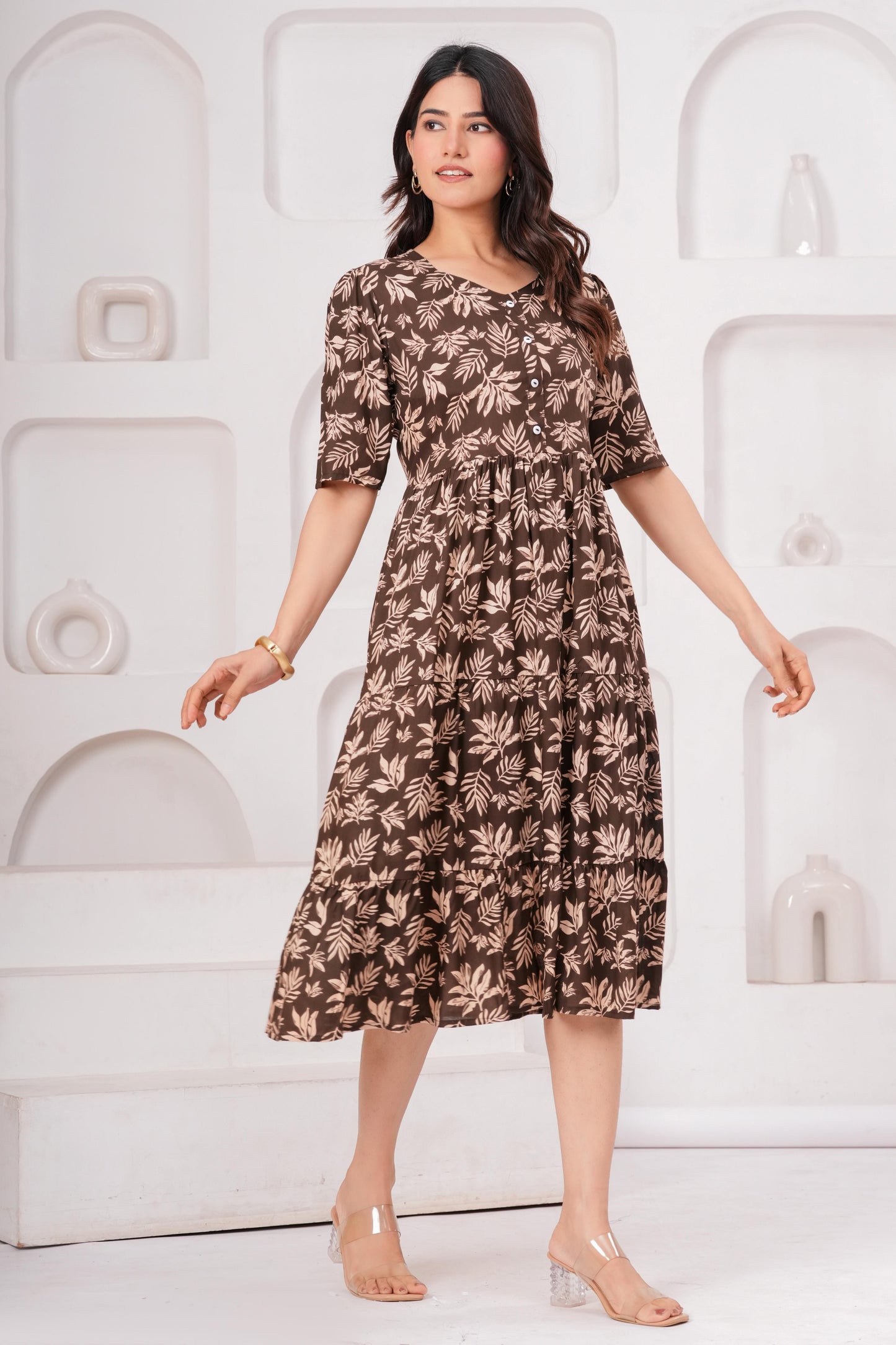 Veshviti Women White Floral Printed Midi Dress | Cotton Tiered A-Line Dress with Half Sleeves