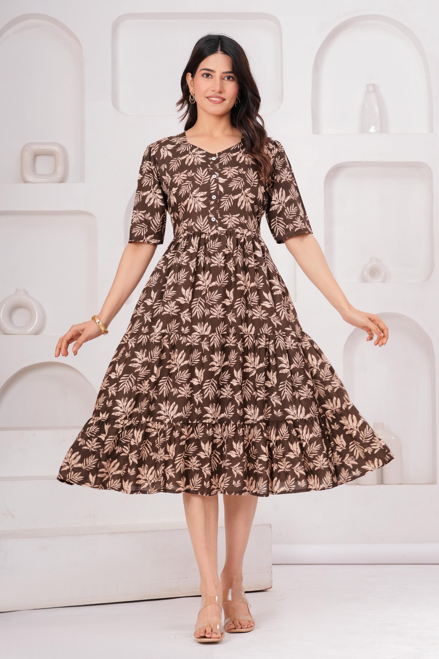Veshviti Women White Floral Printed Midi Dress | Cotton Tiered A-Line Dress with Half Sleeves