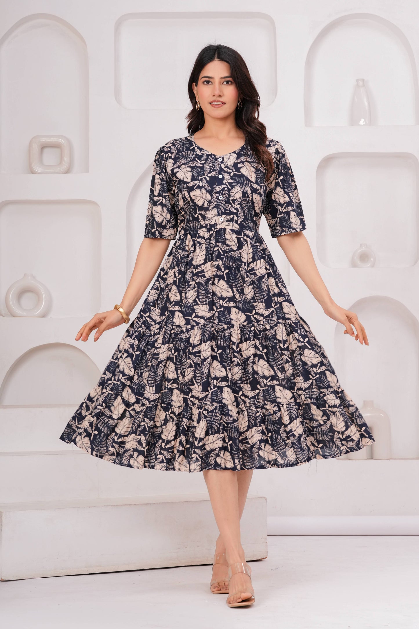 Veshviti Women Navy Floral Printed Midi Dress | Cotton Tiered A-Line Dress with Half Sleeves