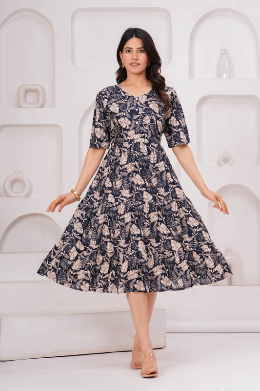 Veshviti Women Navy Floral Printed Midi Dress | Cotton Tiered A-Line Dress with Half Sleeves