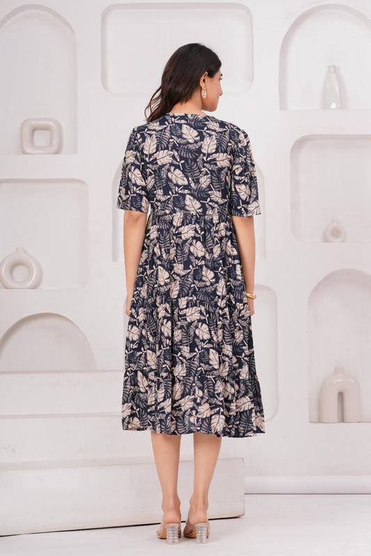 Veshviti Women Navy Floral Printed Midi Dress | Cotton Tiered A-Line Dress with Half Sleeves