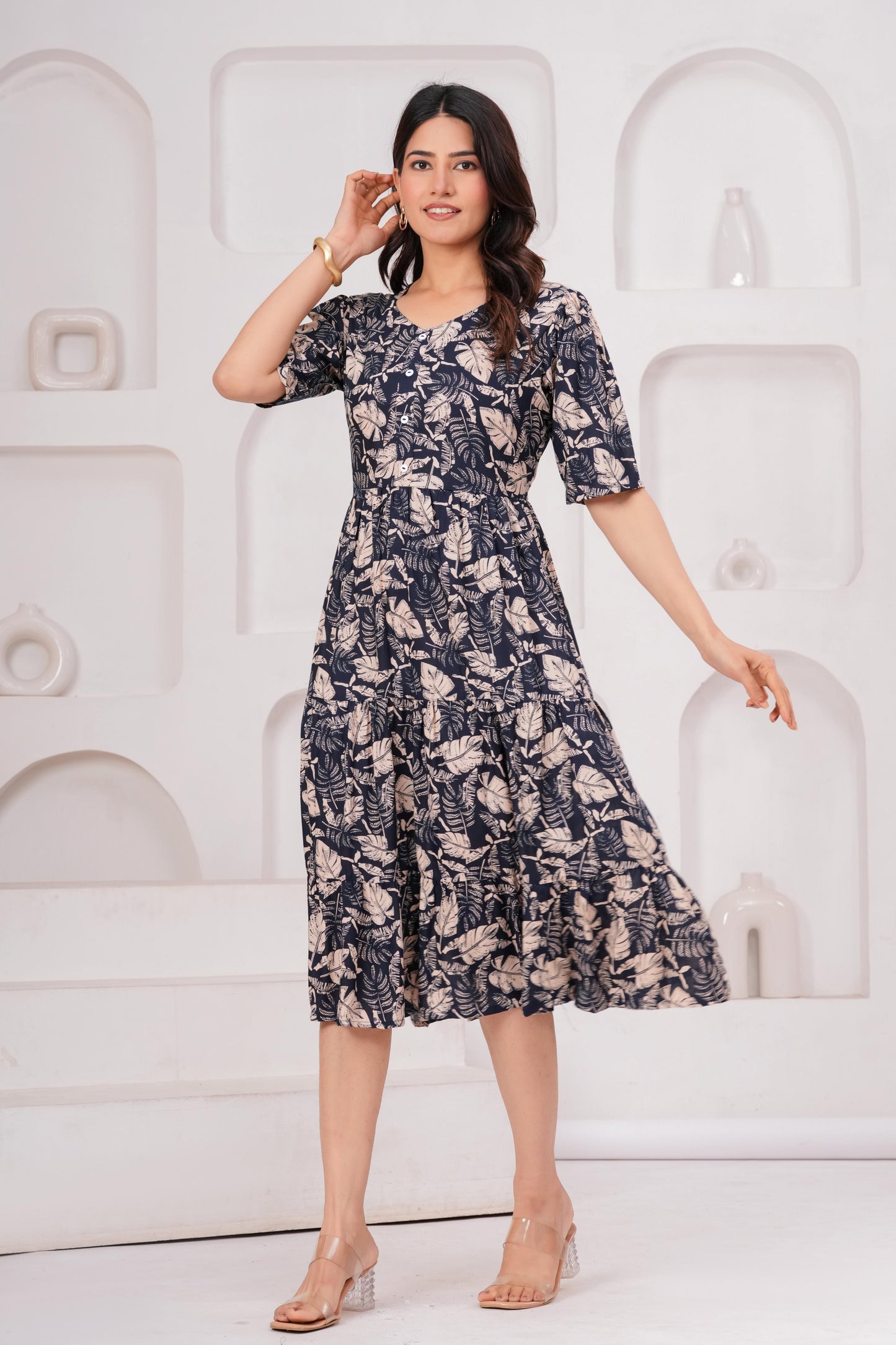 Veshviti Women Navy Floral Printed Midi Dress | Cotton Tiered A-Line Dress with Half Sleeves