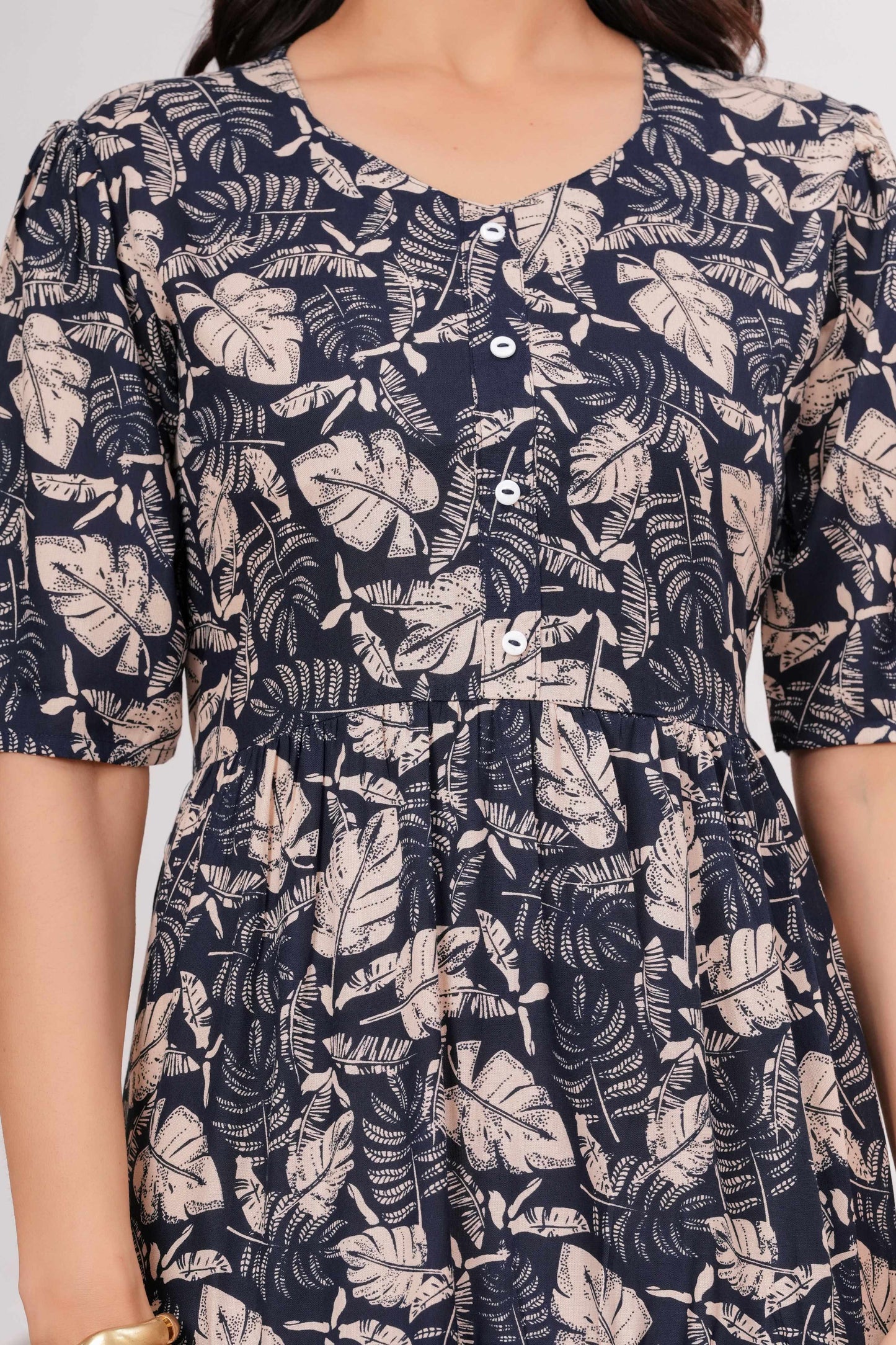 Veshviti Women Navy Floral Printed Midi Dress | Cotton Tiered A-Line Dress with Half Sleeves
