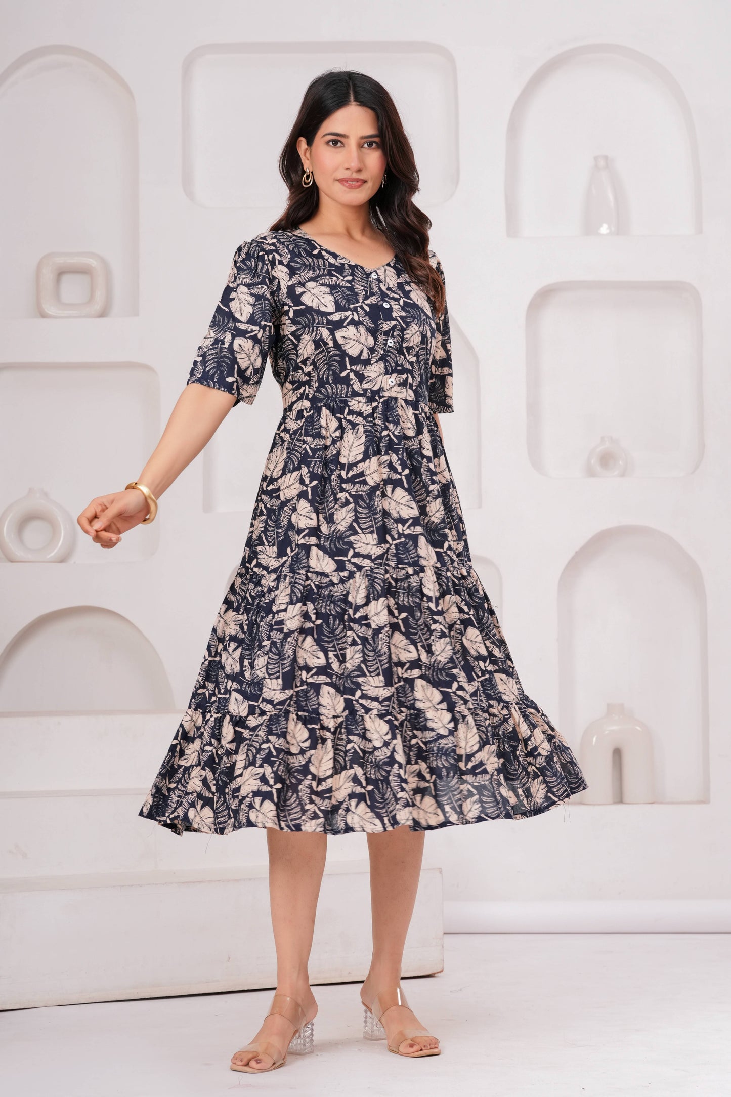 Veshviti Women Navy Floral Printed Midi Dress | Cotton Tiered A-Line Dress with Half Sleeves