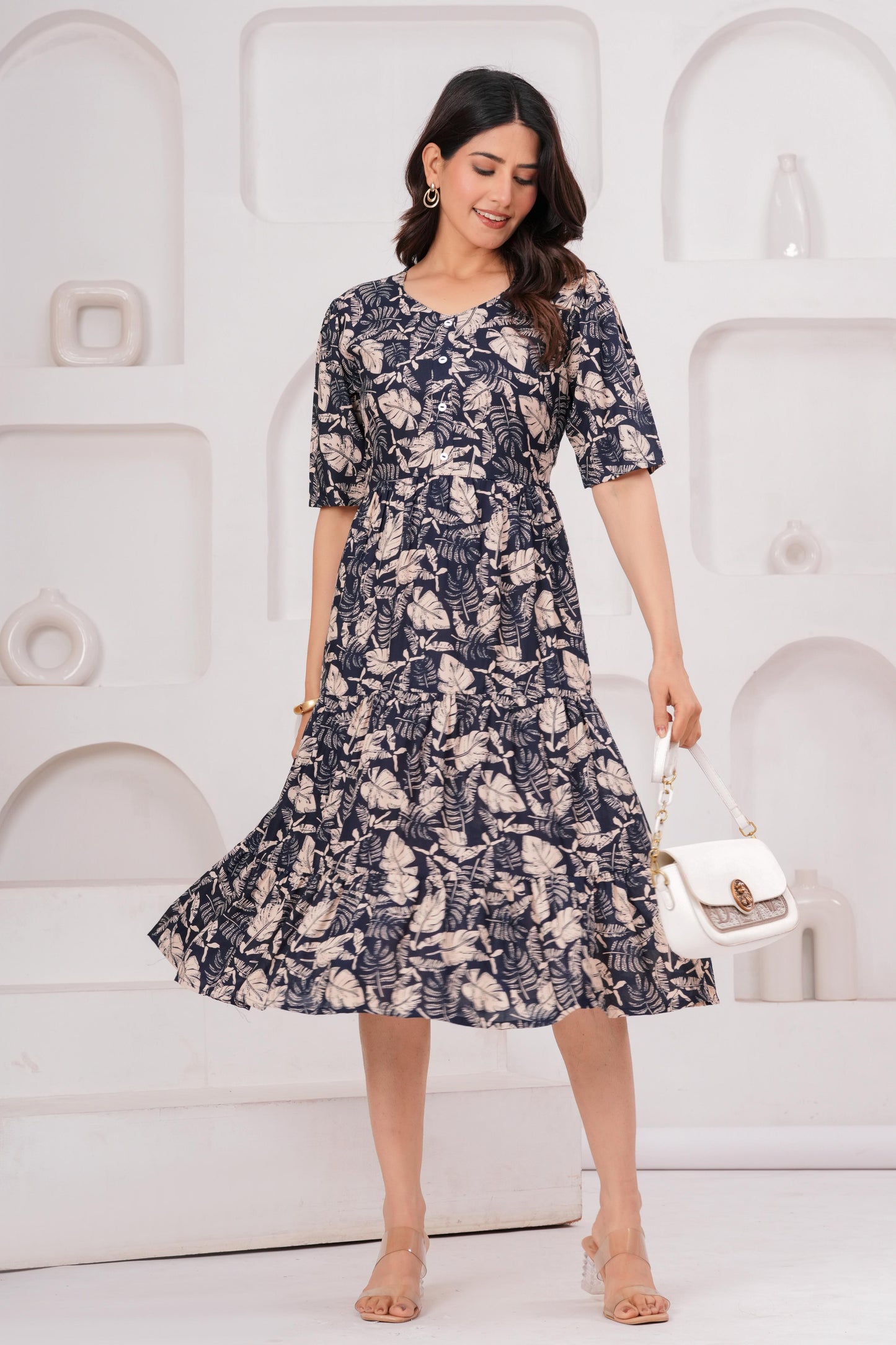 Veshviti Women Navy Floral Printed Midi Dress | Cotton Tiered A-Line Dress with Half Sleeves