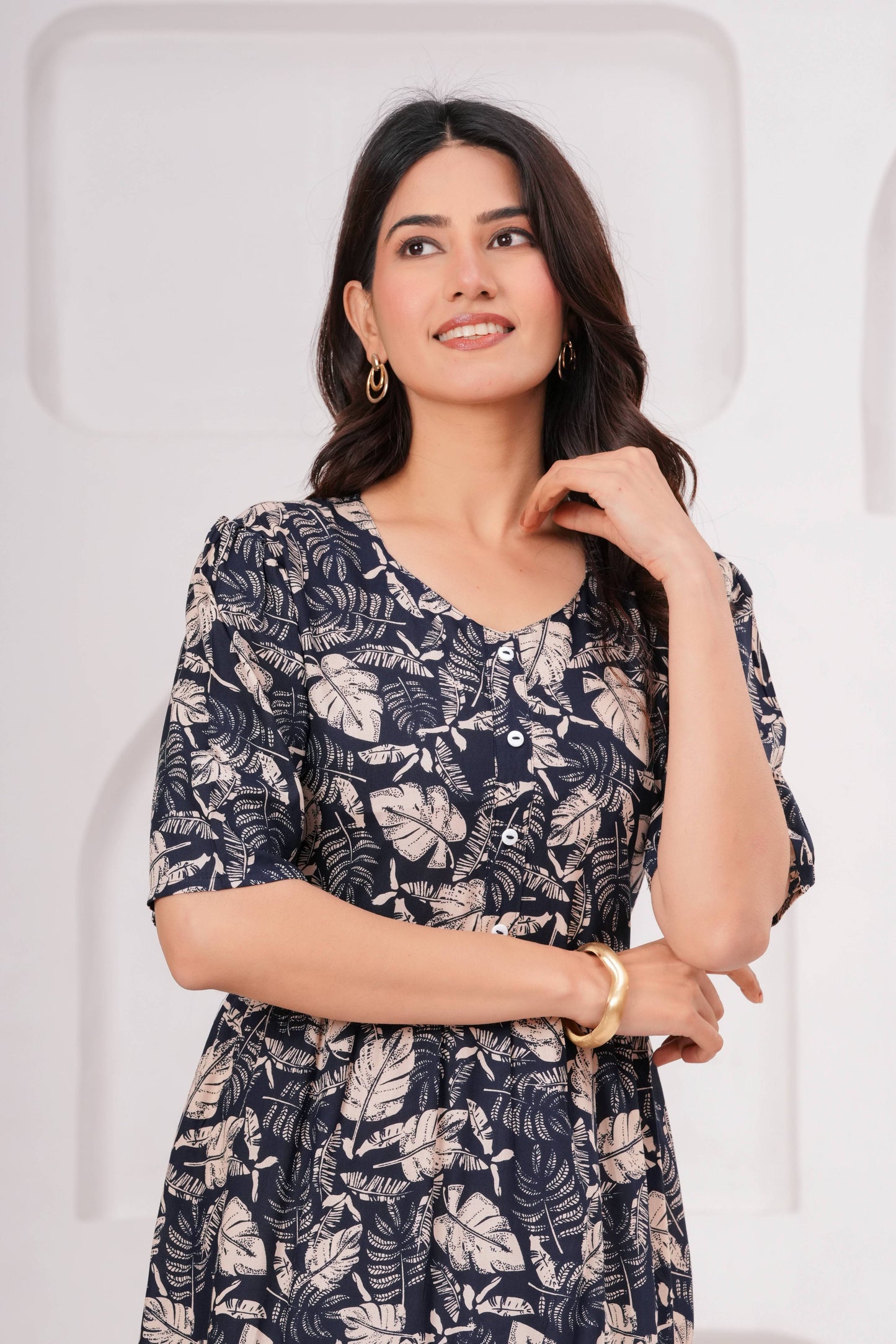 Veshviti Women Navy Floral Printed Midi Dress | Cotton Tiered A-Line Dress with Half Sleeves