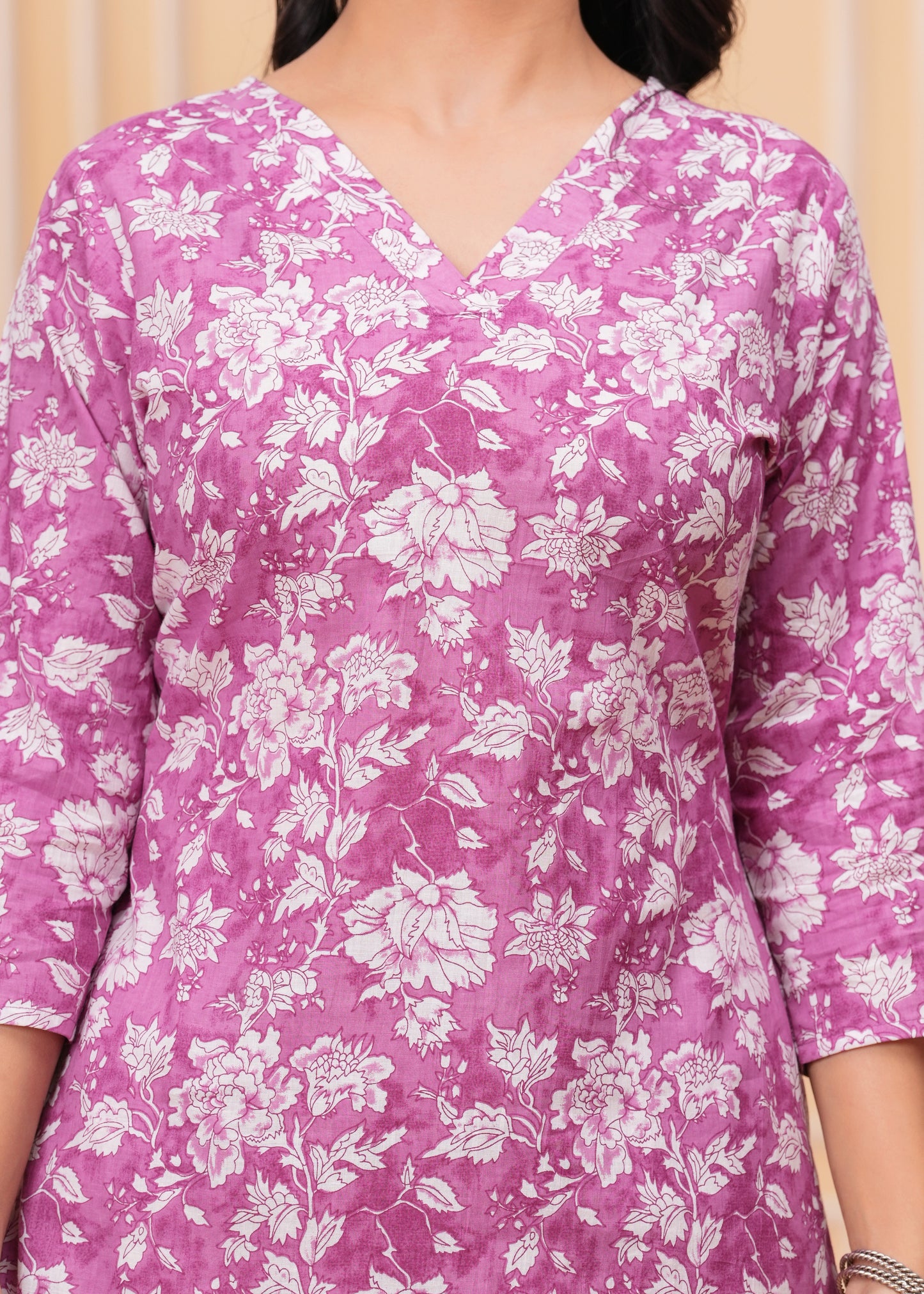 Purple Floral Cotton Printed V-Neck Straight Co-Ord Set