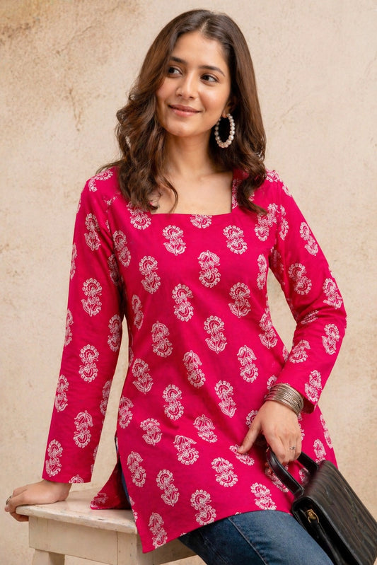 Veshviti Women Pink Cotton Printed Top | Square Neck Full Sleeve Casual Tunic for Daily Wear