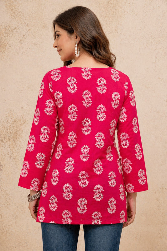 Veshviti Women Pink Cotton Printed Top | Square Neck Full Sleeve Casual Tunic for Daily Wear