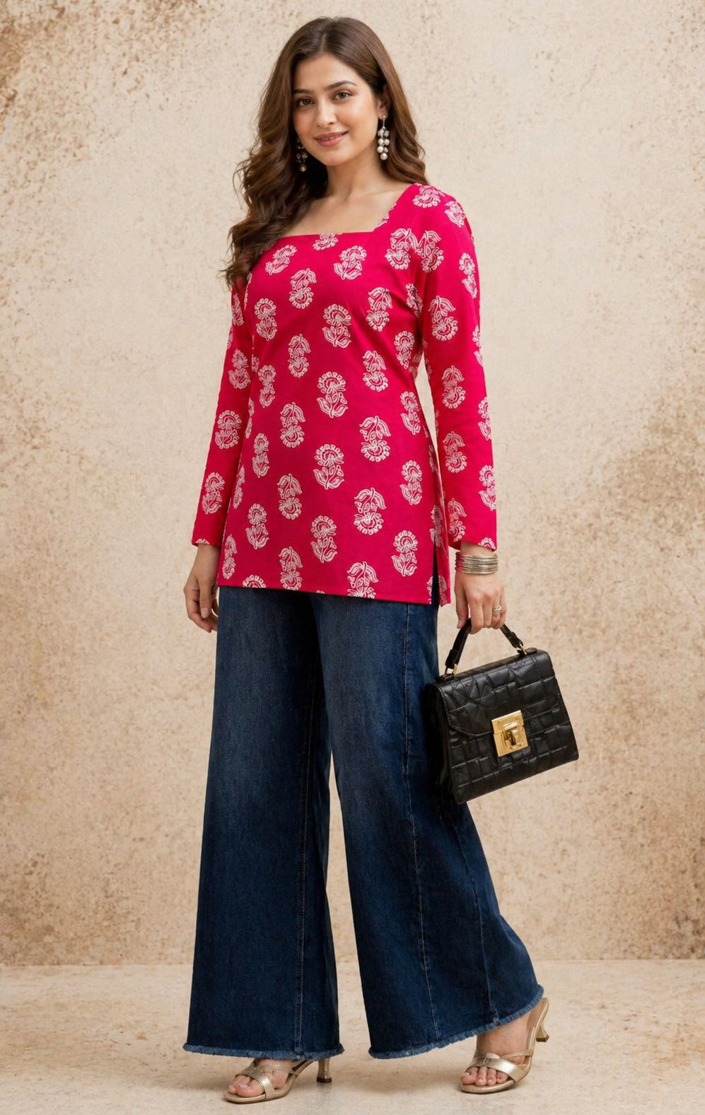 Veshviti Women Pink Cotton Printed Top | Square Neck Full Sleeve Casual Tunic for Daily Wear