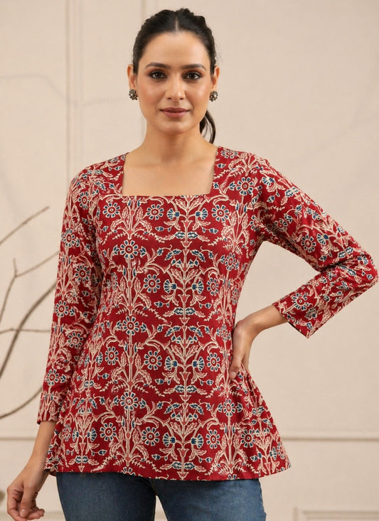 Veshviti Women Maroon Cotton Printed Top | Square Neck Full Sleeve Casual Tunic for Daily Wear