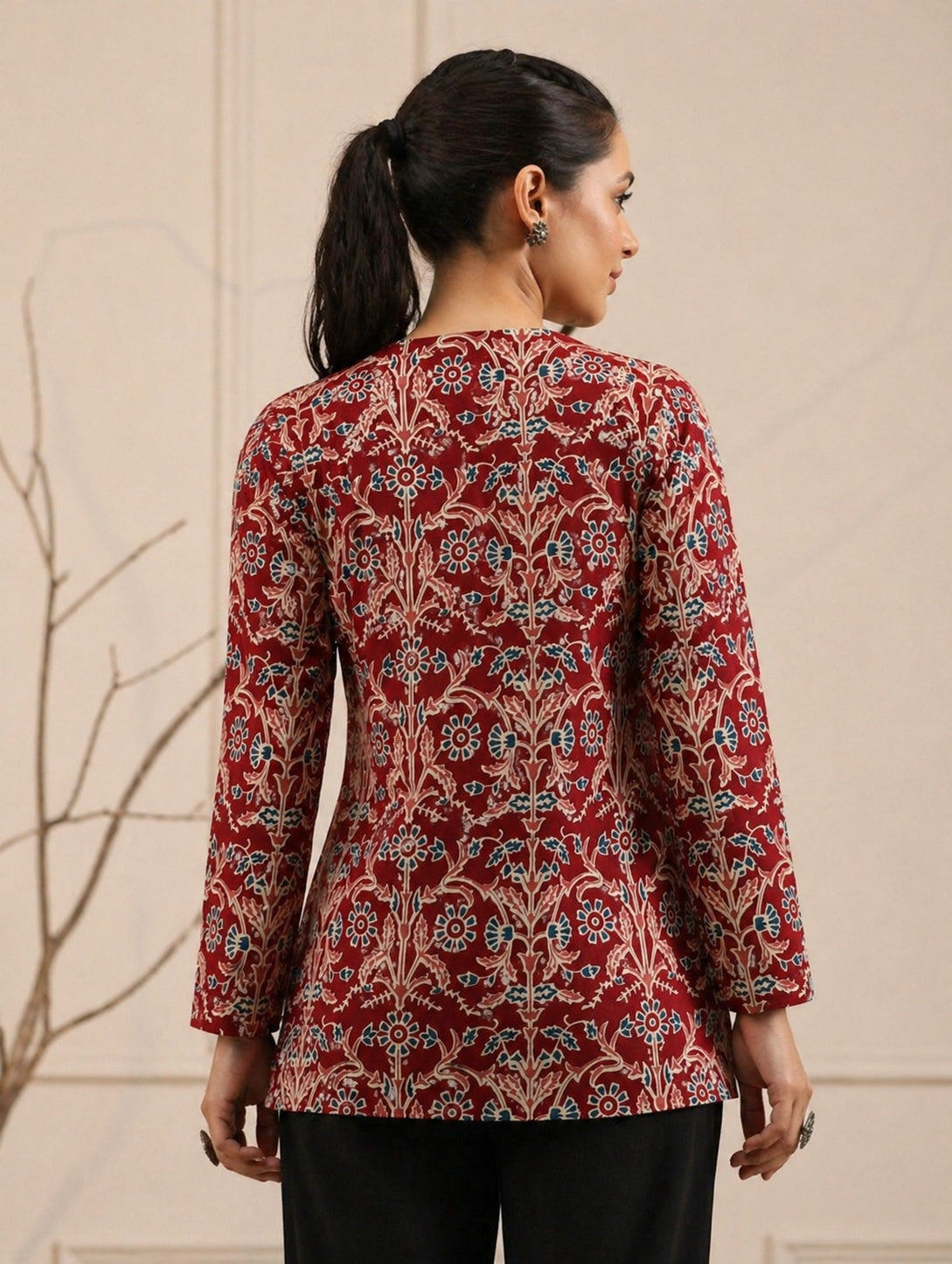 Veshviti Women Maroon Cotton Printed Top | Square Neck Full Sleeve Casual Tunic for Daily Wear