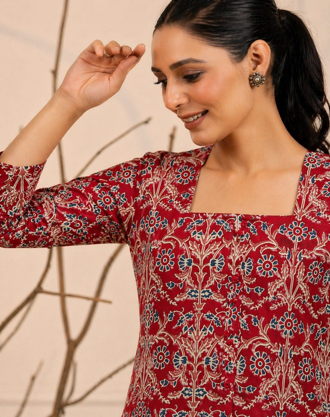 Veshviti Women Maroon Cotton Printed Top | Square Neck Full Sleeve Casual Tunic for Daily Wear