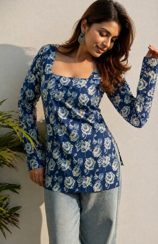 Veshviti Women Indigo Cotton Printed Top | Square Neck Full Sleeve Casual Tunic for Daily Wear
