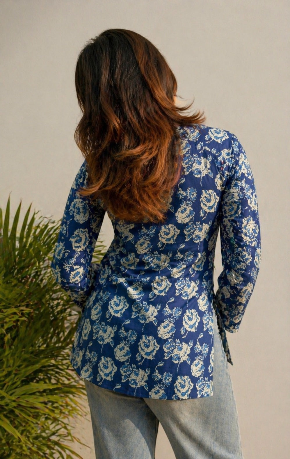Veshviti Women Indigo Cotton Printed Top | Square Neck Full Sleeve Casual Tunic for Daily Wear