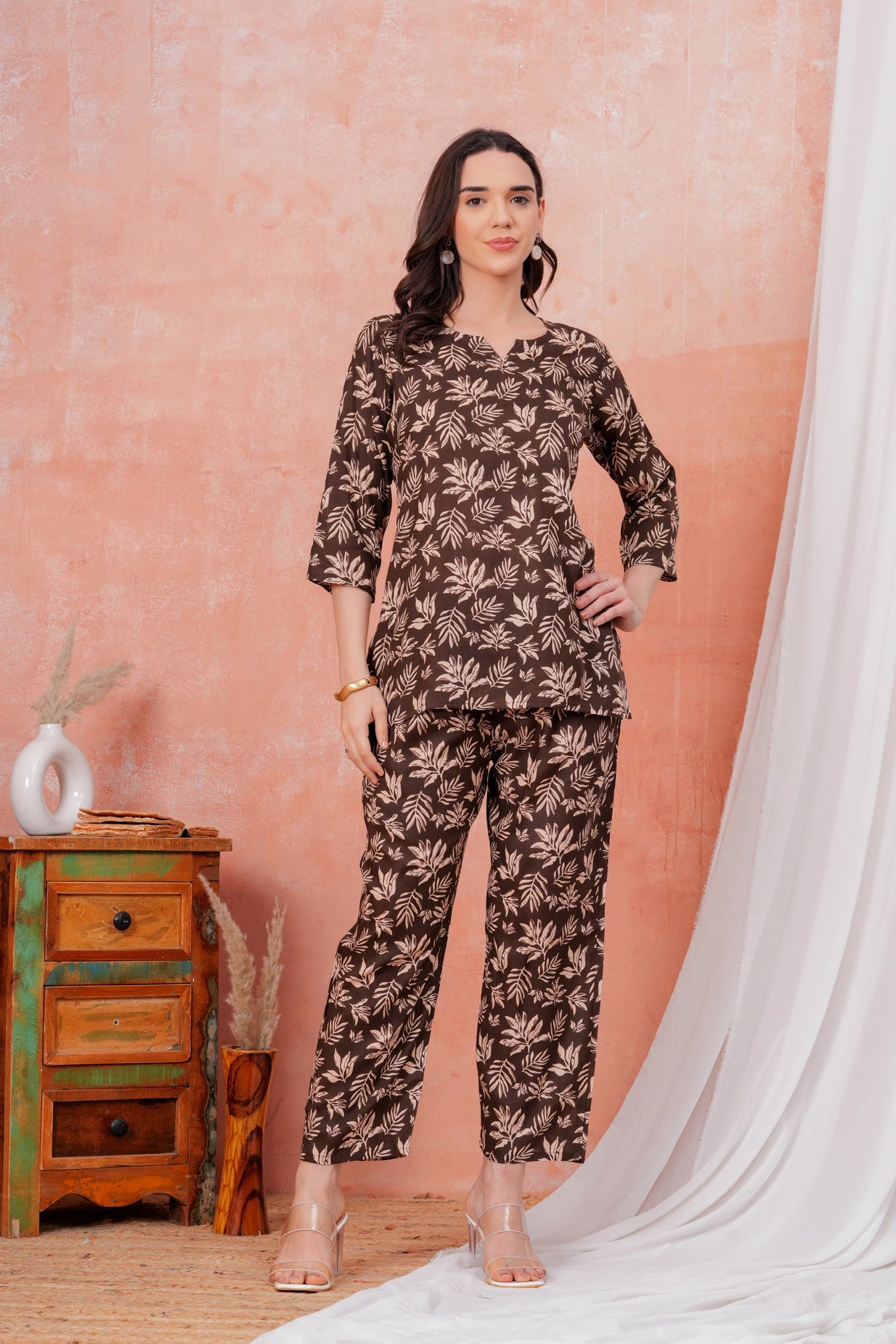 Women Beige Floral Printed Pure Rayon Co-ord Set With One Side Pocket