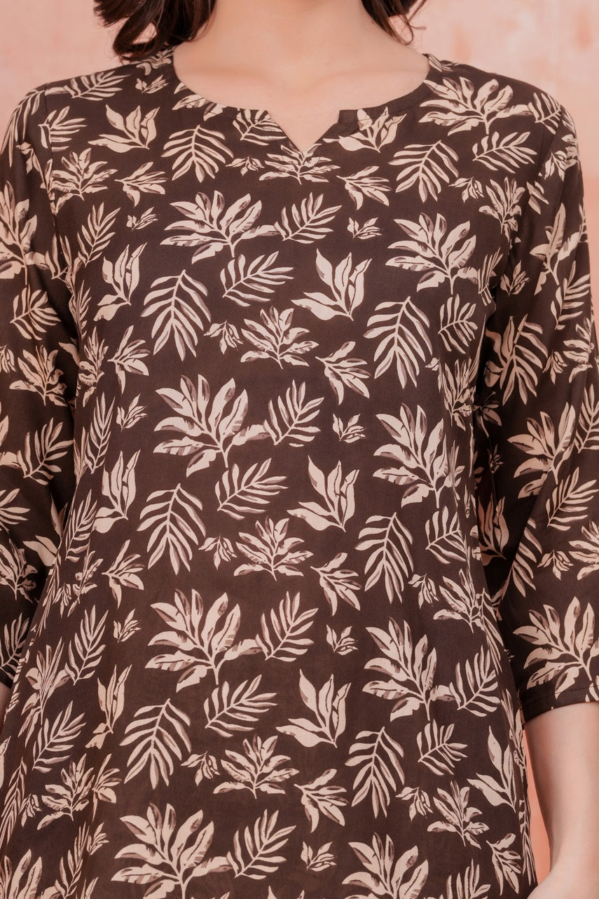 Women Beige Floral Printed Pure Rayon Co-ord Set With One Side Pocket