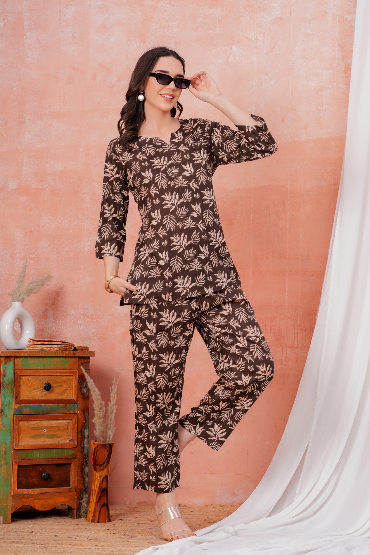Women Beige Floral Printed Pure Rayon Co-ord Set With One Side Pocket