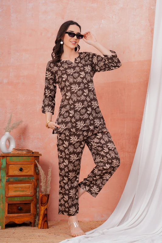 Women Beige Floral Printed Pure Rayon Co-ord Set With One Side Pocket