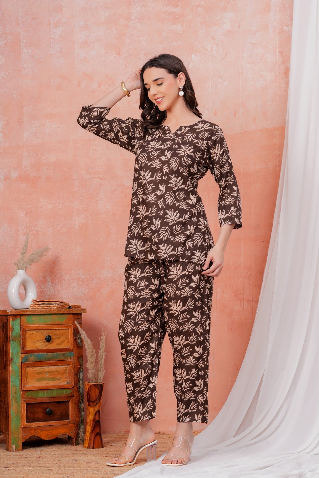 Women Beige Floral Printed Pure Rayon Co-ord Set With One Side Pocket