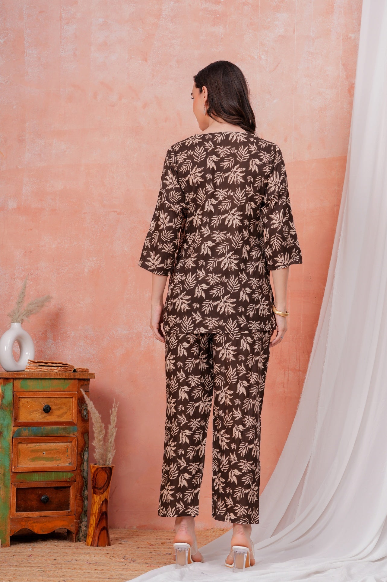 Women Beige Floral Printed Pure Rayon Co-ord Set With One Side Pocket
