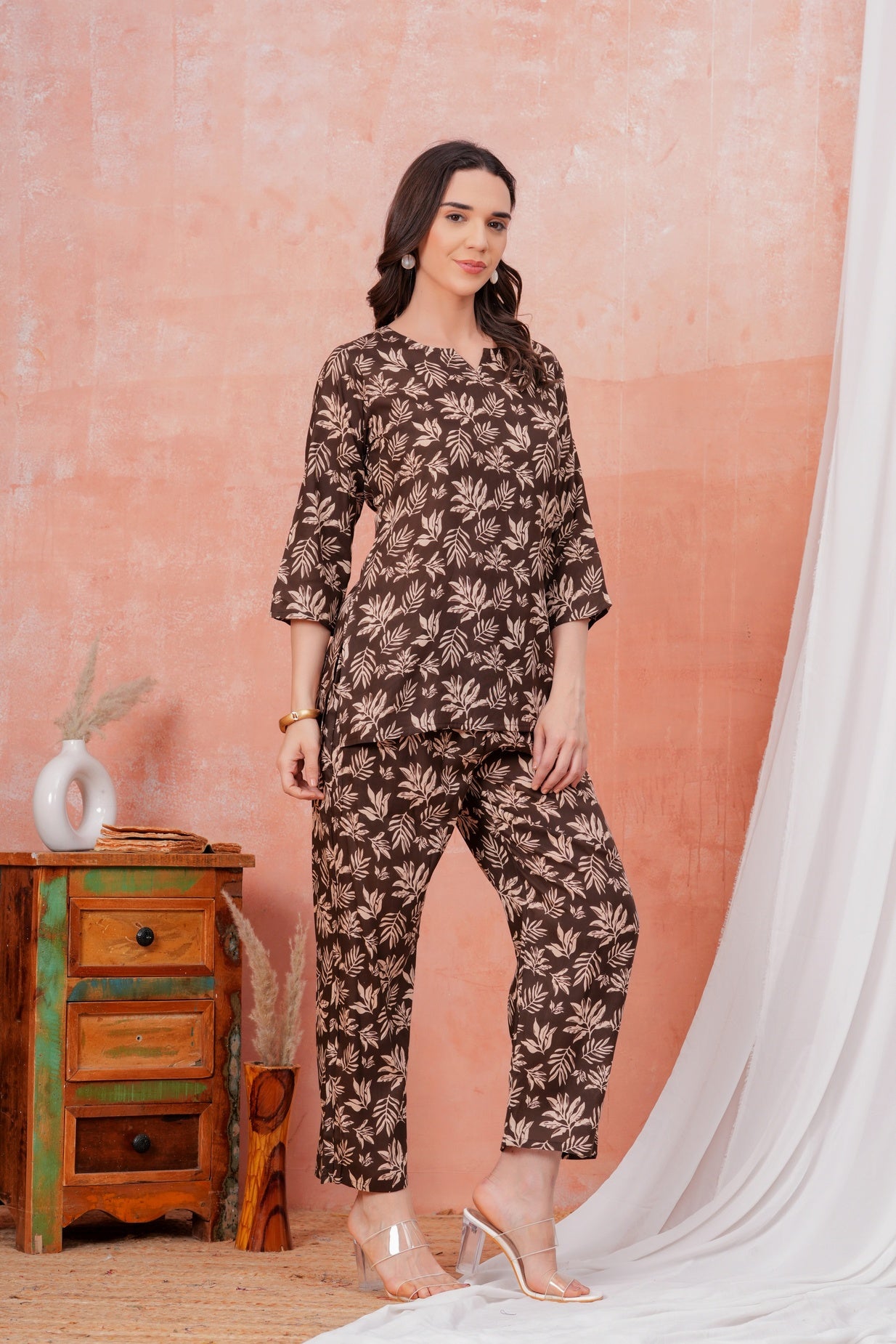 Women Beige Floral Printed Pure Rayon Co-ord Set With One Side Pocket