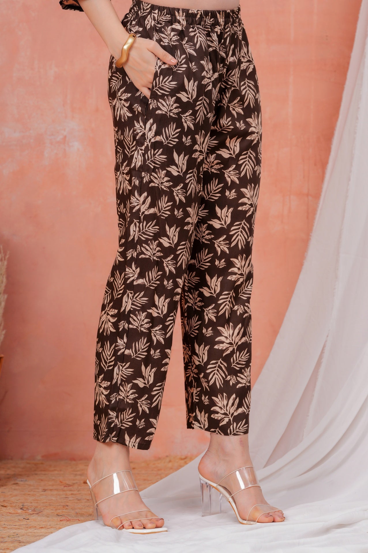 Women Beige Floral Printed Pure Rayon Co-ord Set With One Side Pocket