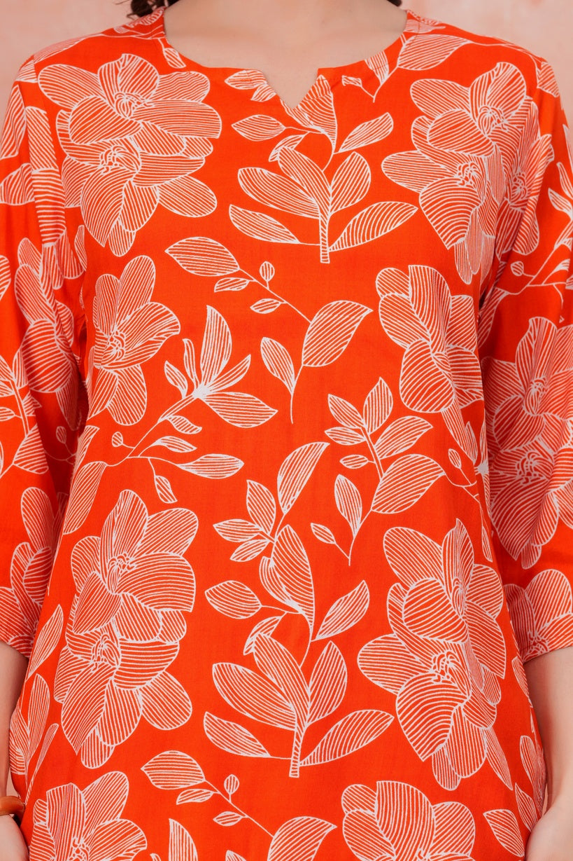 Women Orange & White Tropical Leaf Print Co-ord Set with One Side Pocket